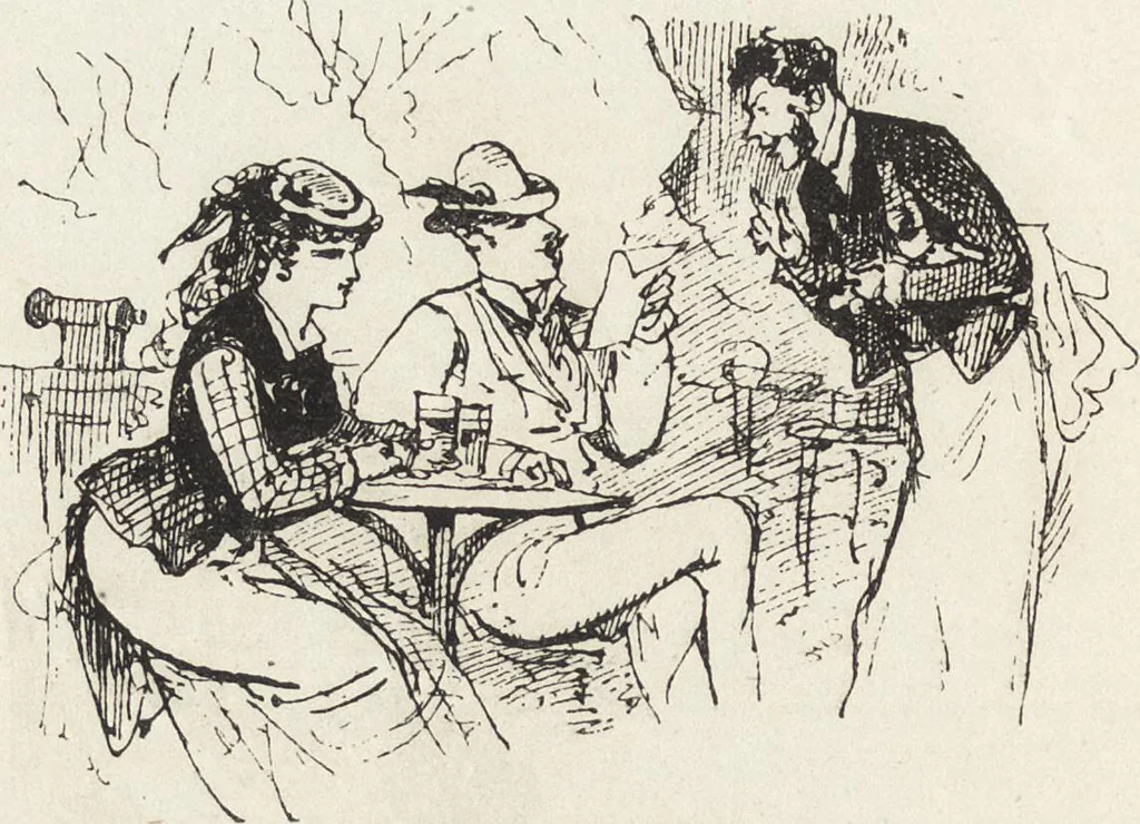 An illustration from La vie hors de chez soi (comédie de notre temps) l'hiver, le printemps, l'été, l'automne; études au crayon et à la plume, 1876, leaf 615