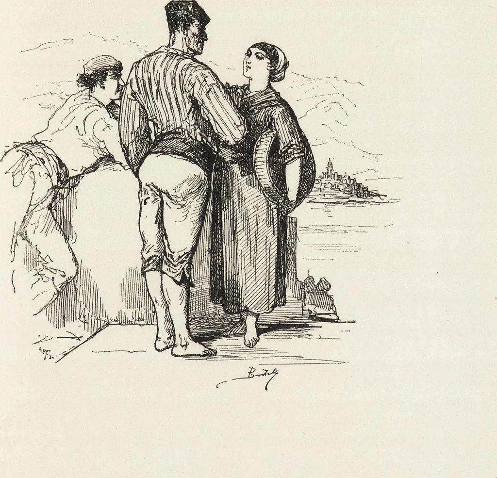 An illustration from La vie hors de chez soi (comédie de notre temps) l'hiver, le printemps, l'été, l'automne; études au crayon et à la plume, 1876, leaf 648