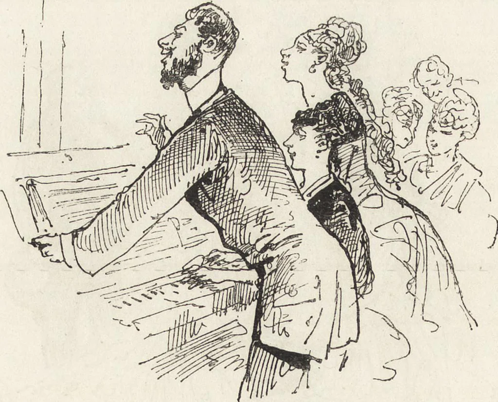 An illustration from La vie hors de chez soi (comédie de notre temps) l'hiver, le printemps, l'été, l'automne; études au crayon et à la plume, 1876, leaf 659