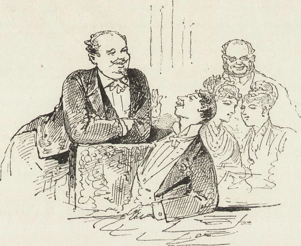 An illustration from La vie hors de chez soi (comédie de notre temps) l'hiver, le printemps, l'été, l'automne; études au crayon et à la plume, 1876, leaf 660