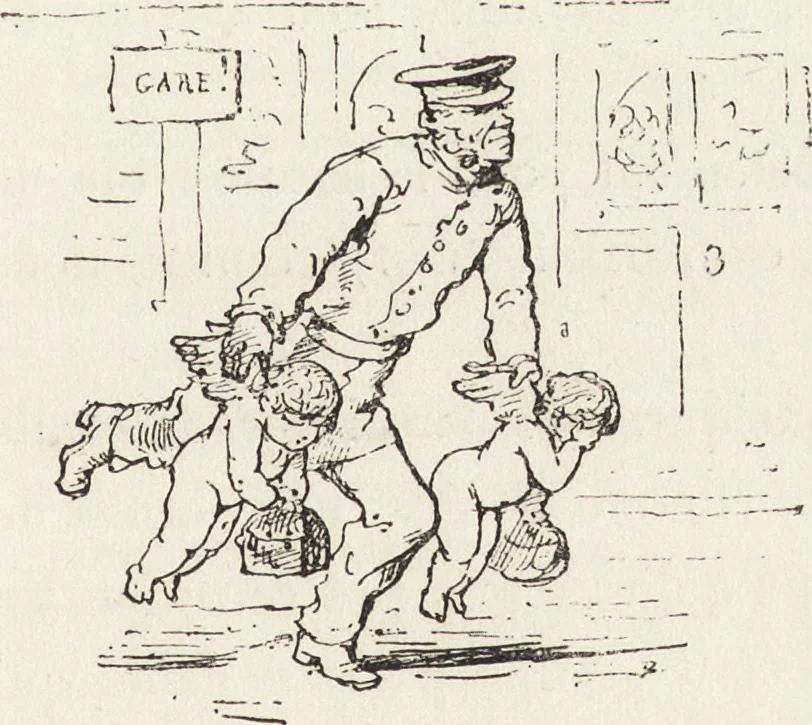 An illustration from La vie hors de chez soi (comédie de notre temps) l'hiver, le printemps, l'été, l'automne; études au crayon et à la plume, 1876, leaf 668
