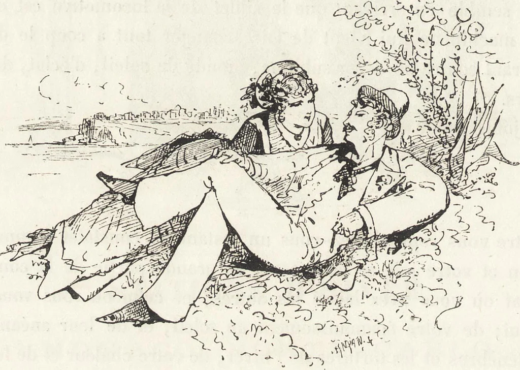 An illustration from La vie hors de chez soi (comédie de notre temps) l'hiver, le printemps, l'été, l'automne; études au crayon et à la plume, 1876, leaf 85