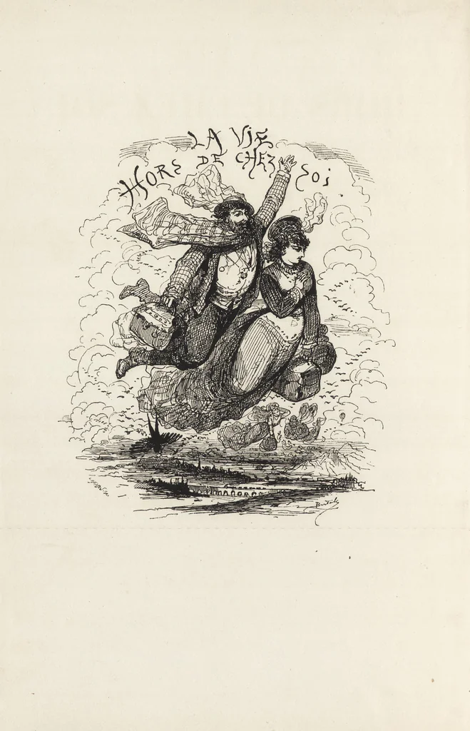 An illustration from La vie hors de chez soi (comédie de notre temps) l'hiver, le printemps, l'été, l'automne; études au crayon et à la plume, 1876, leaf 9