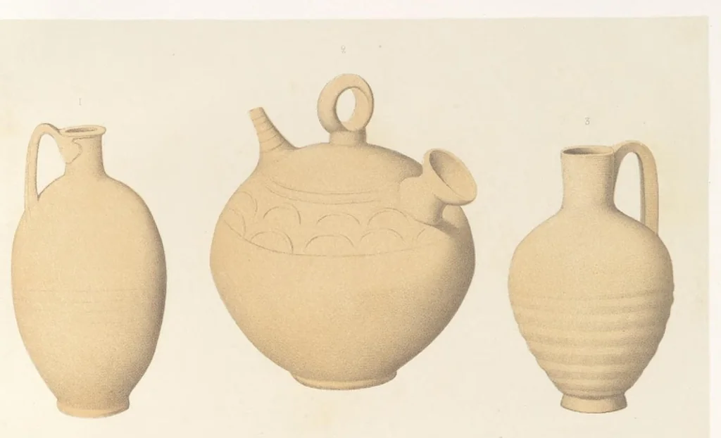 An illustration from Catacombes de Rome : architecture, peintures murales, lampes, vases, pierres précieuses gravées, instruments, objets divers, fragments de vases en verre doré, inscriptions, figures et symboles gravés sur pierre, 1851, leaf 10