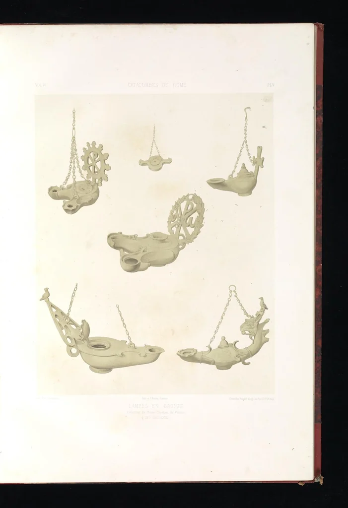 An illustration from Catacombes de Rome : architecture, peintures murales, lampes, vases, pierres précieuses gravées, instruments, objets divers, fragments de vases en verre doré, inscriptions, figures et symboles gravés sur pierre, 1851, leaf 14