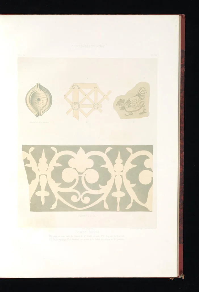 An illustration from Catacombes de Rome : architecture, peintures murales, lampes, vases, pierres précieuses gravées, instruments, objets divers, fragments de vases en verre doré, inscriptions, figures et symboles gravés sur pierre, 1851, leaf 18
