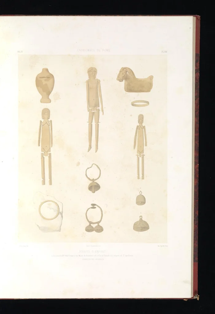An illustration from Catacombes de Rome : architecture, peintures murales, lampes, vases, pierres précieuses gravées, instruments, objets divers, fragments de vases en verre doré, inscriptions, figures et symboles gravés sur pierre, 1851, leaf 20