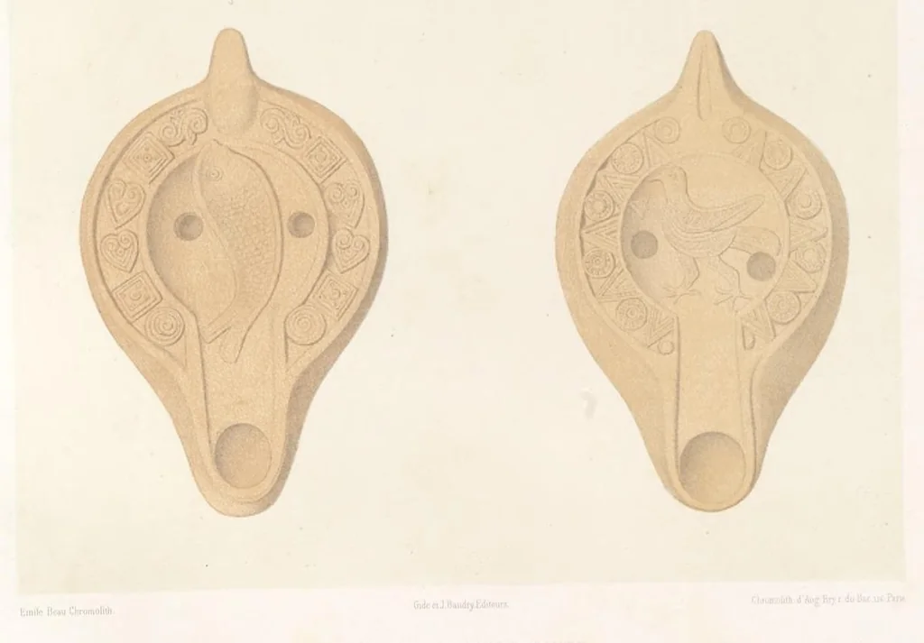 An illustration from Catacombes de Rome : architecture, peintures murales, lampes, vases, pierres précieuses gravées, instruments, objets divers, fragments de vases en verre doré, inscriptions, figures et symboles gravés sur pierre, 1851, leaf 22