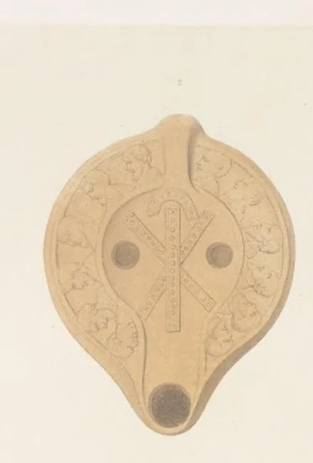 An illustration from Catacombes de Rome : architecture, peintures murales, lampes, vases, pierres précieuses gravées, instruments, objets divers, fragments de vases en verre doré, inscriptions, figures et symboles gravés sur pierre, 1851, leaf 30
