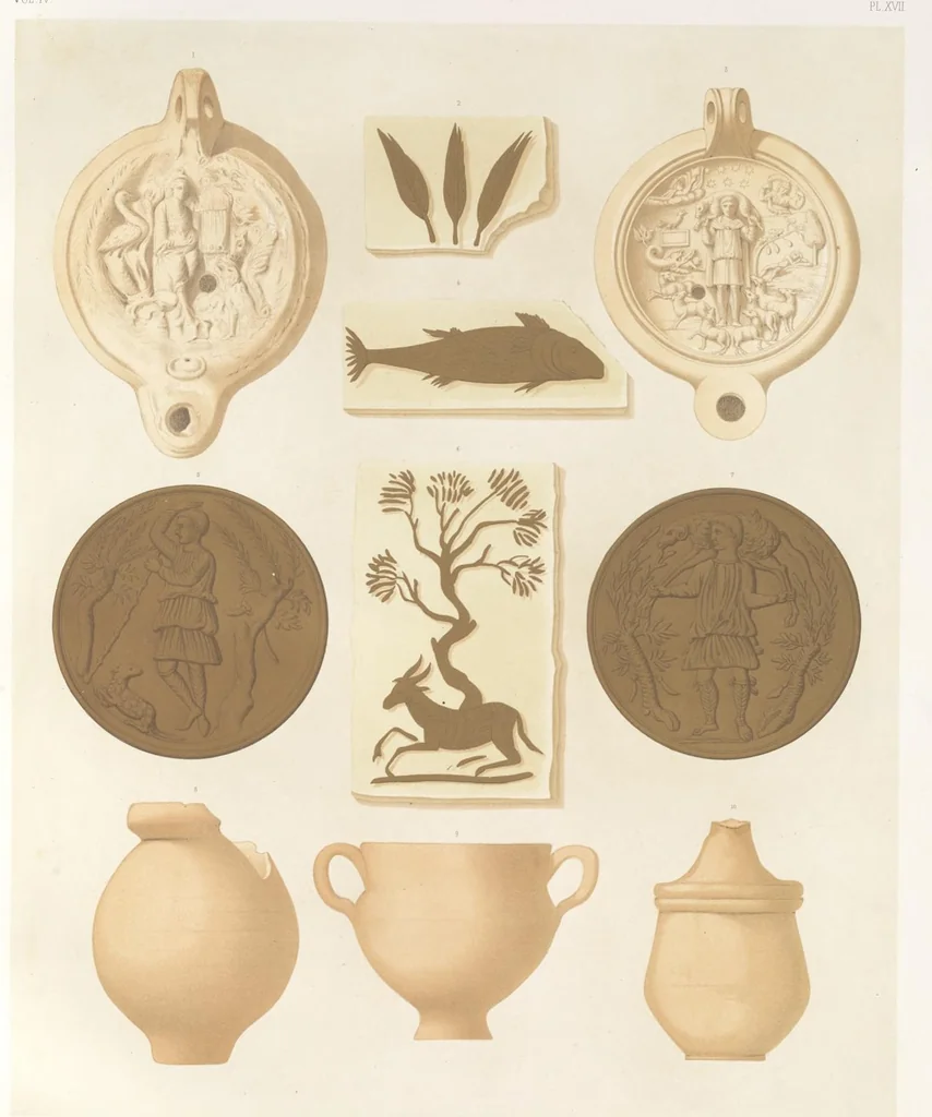 An illustration from Catacombes de Rome : architecture, peintures murales, lampes, vases, pierres précieuses gravées, instruments, objets divers, fragments de vases en verre doré, inscriptions, figures et symboles gravés sur pierre, 1851, leaf 38