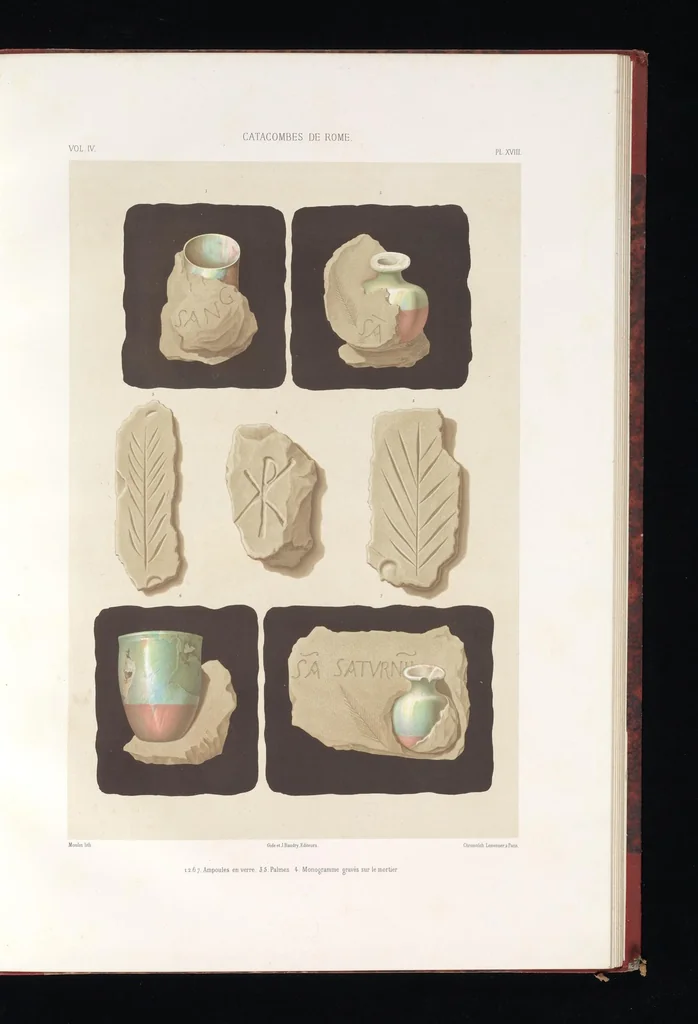 An illustration from Catacombes de Rome : architecture, peintures murales, lampes, vases, pierres précieuses gravées, instruments, objets divers, fragments de vases en verre doré, inscriptions, figures et symboles gravés sur pierre, 1851, leaf 40