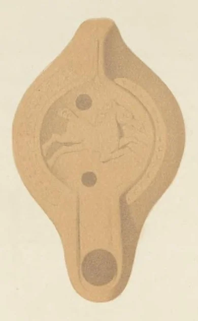 An illustration from Catacombes de Rome : architecture, peintures murales, lampes, vases, pierres précieuses gravées, instruments, objets divers, fragments de vases en verre doré, inscriptions, figures et symboles gravés sur pierre, 1851, leaf 42