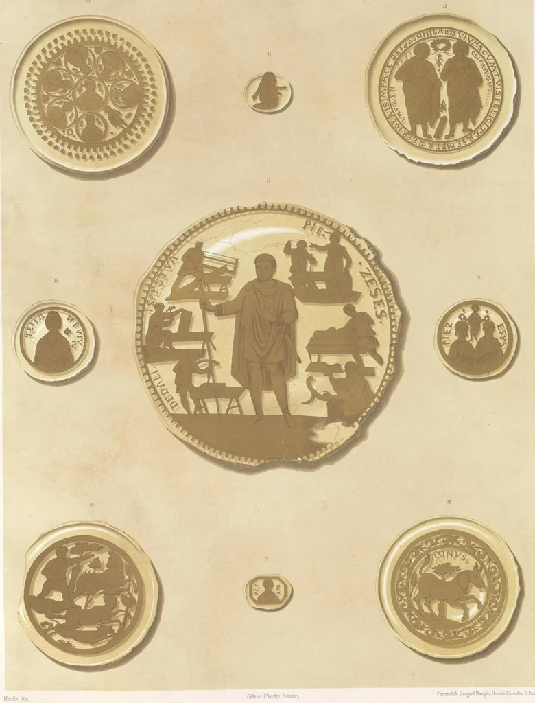 An illustration from Catacombes de Rome : architecture, peintures murales, lampes, vases, pierres précieuses gravées, instruments, objets divers, fragments de vases en verre doré, inscriptions, figures et symboles gravés sur pierre, 1851, leaf 48
