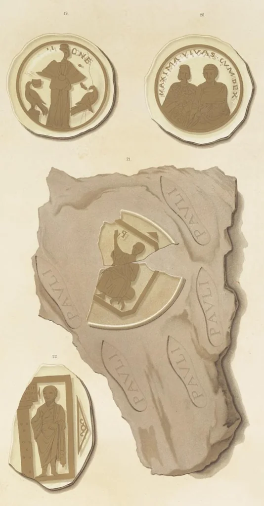 An illustration from Catacombes de Rome : architecture, peintures murales, lampes, vases, pierres précieuses gravées, instruments, objets divers, fragments de vases en verre doré, inscriptions, figures et symboles gravés sur pierre, 1851, leaf 50