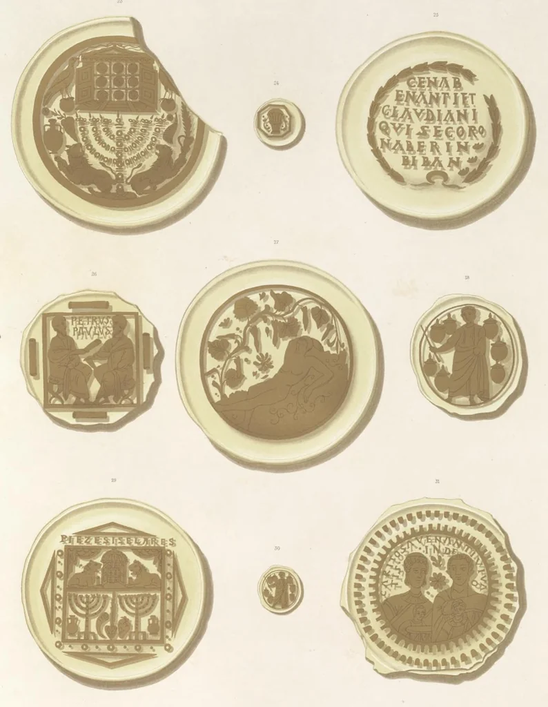 An illustration from Catacombes de Rome : architecture, peintures murales, lampes, vases, pierres précieuses gravées, instruments, objets divers, fragments de vases en verre doré, inscriptions, figures et symboles gravés sur pierre, 1851, leaf 52