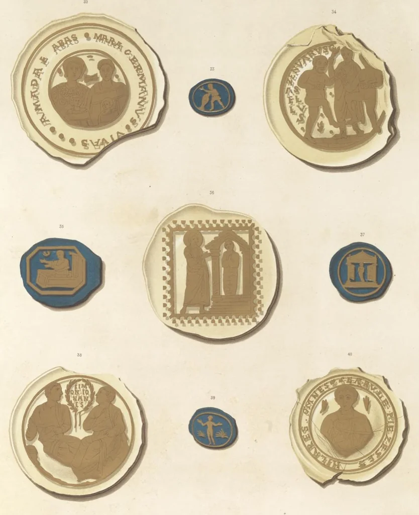 An illustration from Catacombes de Rome : architecture, peintures murales, lampes, vases, pierres précieuses gravées, instruments, objets divers, fragments de vases en verre doré, inscriptions, figures et symboles gravés sur pierre, 1851, leaf 54