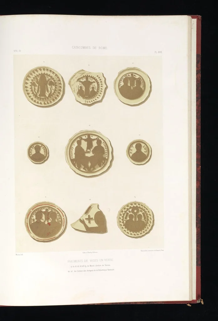 An illustration from Catacombes de Rome : architecture, peintures murales, lampes, vases, pierres précieuses gravées, instruments, objets divers, fragments de vases en verre doré, inscriptions, figures et symboles gravés sur pierre, 1851, leaf 56