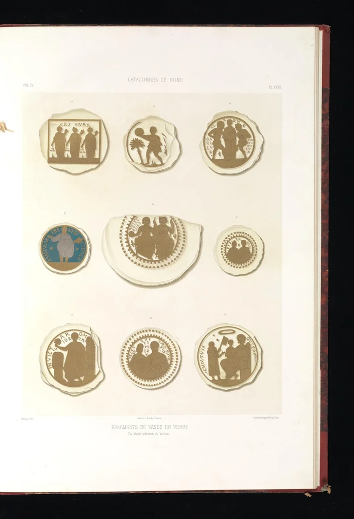 An illustration from Catacombes de Rome : architecture, peintures murales, lampes, vases, pierres précieuses gravées, instruments, objets divers, fragments de vases en verre doré, inscriptions, figures et symboles gravés sur pierre, 1851, leaf 58