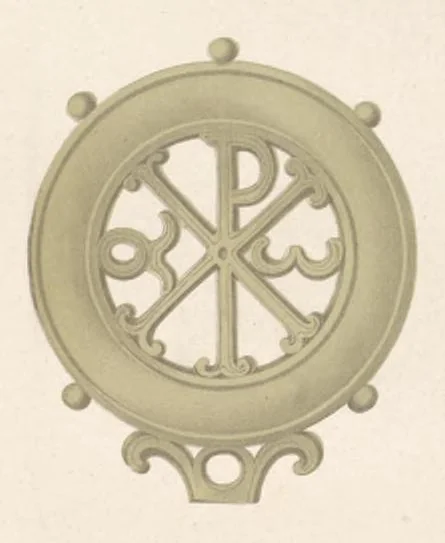 An illustration from Catacombes de Rome : architecture, peintures murales, lampes, vases, pierres précieuses gravées, instruments, objets divers, fragments de vases en verre doré, inscriptions, figures et symboles gravés sur pierre, 1851, leaf 6