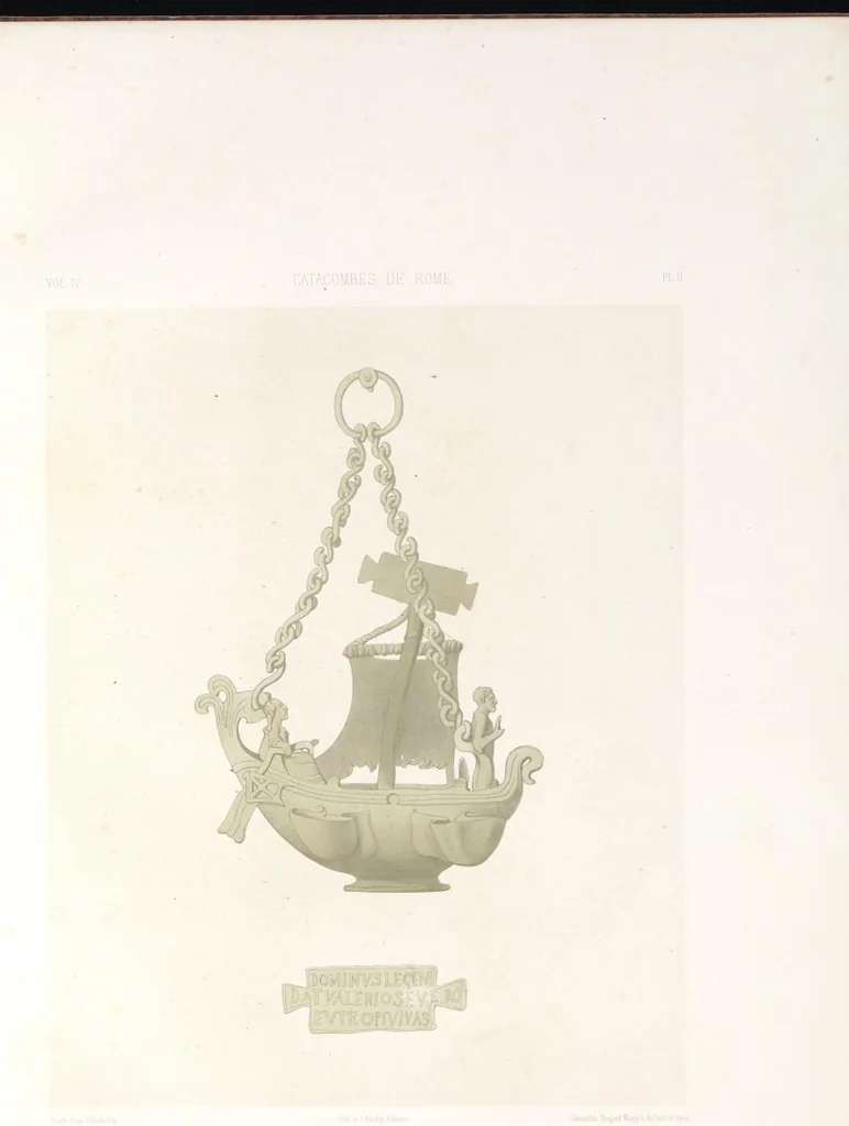 An illustration from Catacombes de Rome : architecture, peintures murales, lampes, vases, pierres précieuses gravées, instruments, objets divers, fragments de vases en verre doré, inscriptions, figures et symboles gravés sur pierre, 1851, leaf 8
