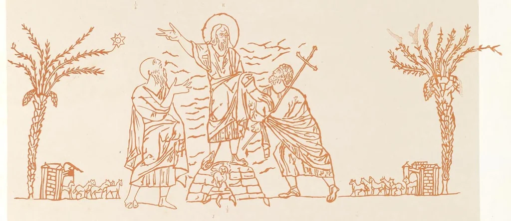 An illustration from Catacombes de Rome : architecture, peintures murales, lampes, vases, pierres précieuses gravées, instruments, objets divers, fragments de vases en verre doré, inscriptions, figures et symboles gravés sur pierre, 1851, leaf 12