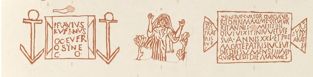 An illustration from Catacombes de Rome : architecture, peintures murales, lampes, vases, pierres précieuses gravées, instruments, objets divers, fragments de vases en verre doré, inscriptions, figures et symboles gravés sur pierre, 1851, leaf 16