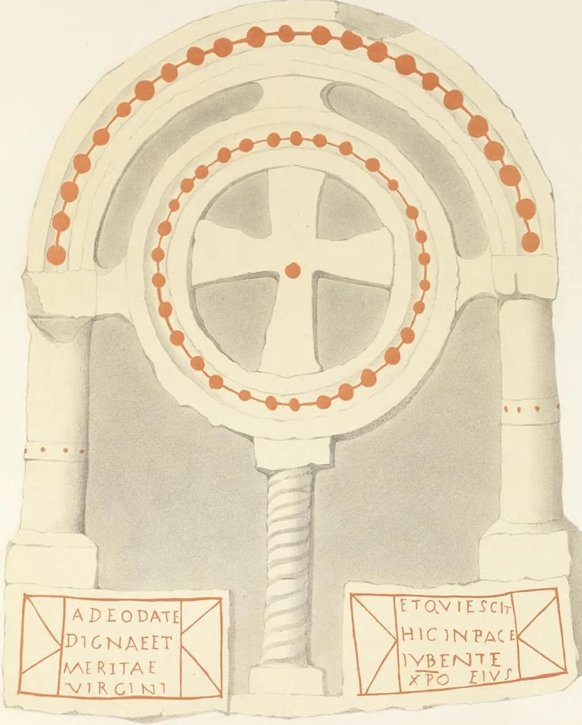An illustration from Catacombes de Rome : architecture, peintures murales, lampes, vases, pierres précieuses gravées, instruments, objets divers, fragments de vases en verre doré, inscriptions, figures et symboles gravés sur pierre, 1851, leaf 18