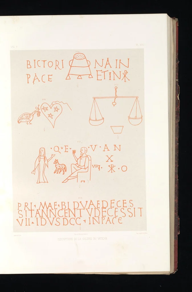 An illustration from Catacombes de Rome : architecture, peintures murales, lampes, vases, pierres précieuses gravées, instruments, objets divers, fragments de vases en verre doré, inscriptions, figures et symboles gravés sur pierre, 1851, leaf 50