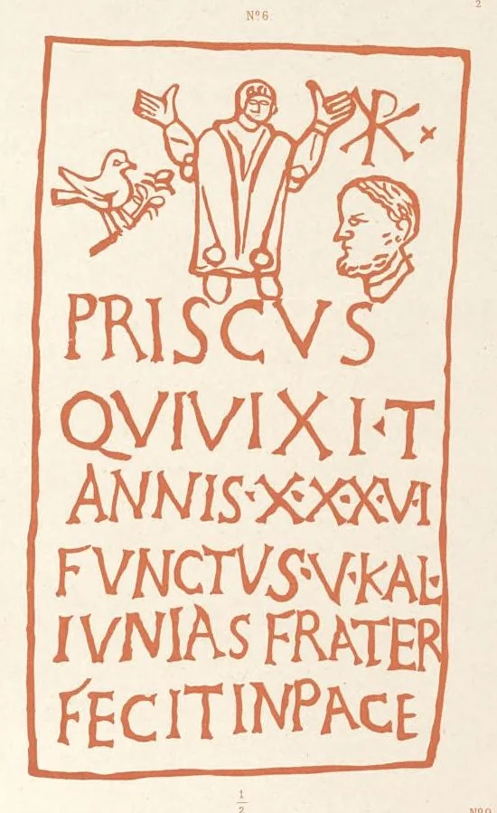 An illustration from Catacombes de Rome : architecture, peintures murales, lampes, vases, pierres précieuses gravées, instruments, objets divers, fragments de vases en verre doré, inscriptions, figures et symboles gravés sur pierre, 1851, leaf 96