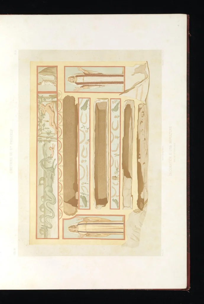 An illustration from Catacombes de Rome : architecture, peintures murales, lampes, vases, pierres précieuses gravées, instruments, objets divers, fragments de vases en verre doré, inscriptions, figures et symboles gravés sur pierre, 1851, leaf 10