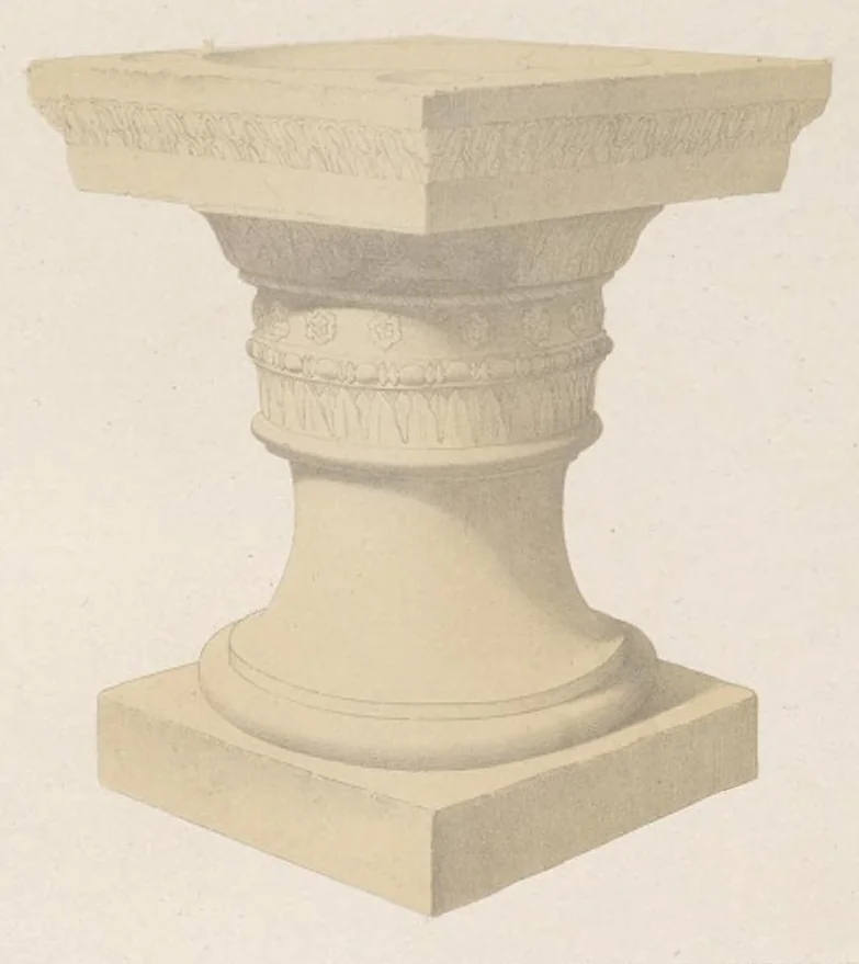 An illustration from Catacombes de Rome : architecture, peintures murales, lampes, vases, pierres précieuses gravées, instruments, objets divers, fragments de vases en verre doré, inscriptions, figures et symboles gravés sur pierre, 1851, leaf 104