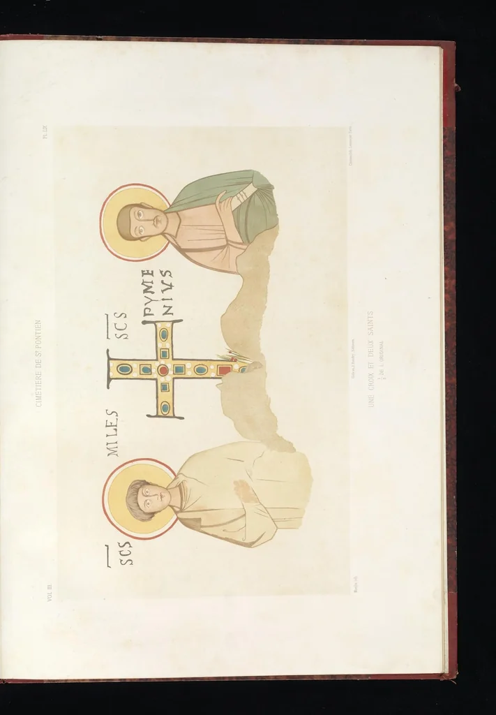 An illustration from Catacombes de Rome : architecture, peintures murales, lampes, vases, pierres précieuses gravées, instruments, objets divers, fragments de vases en verre doré, inscriptions, figures et symboles gravés sur pierre, 1851, leaf 124