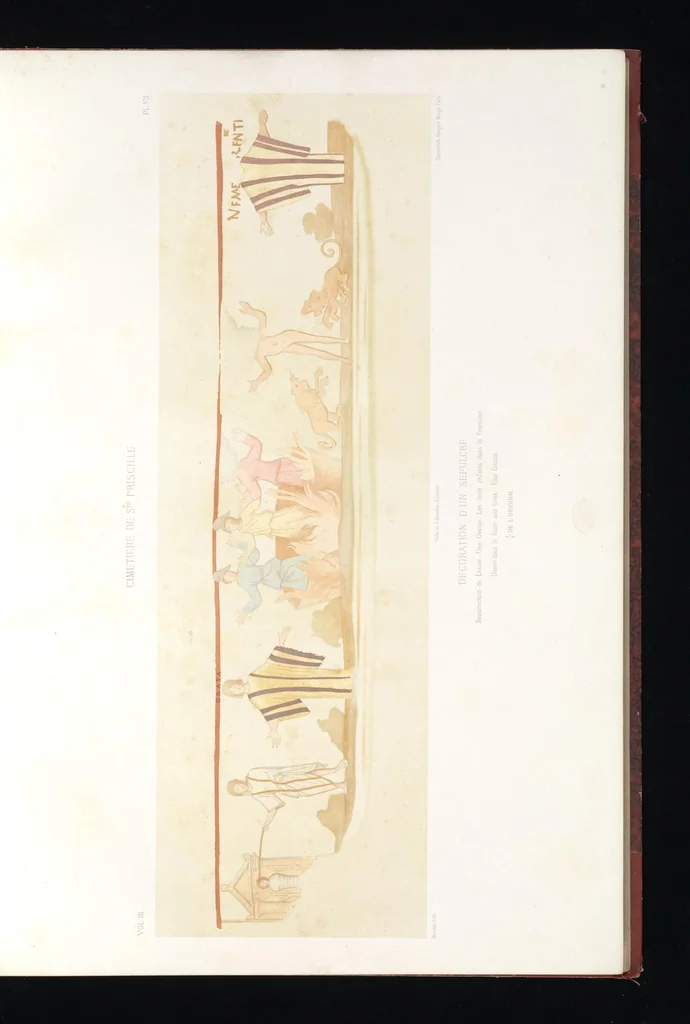 An illustration from Catacombes de Rome : architecture, peintures murales, lampes, vases, pierres précieuses gravées, instruments, objets divers, fragments de vases en verre doré, inscriptions, figures et symboles gravés sur pierre, 1851, leaf 20