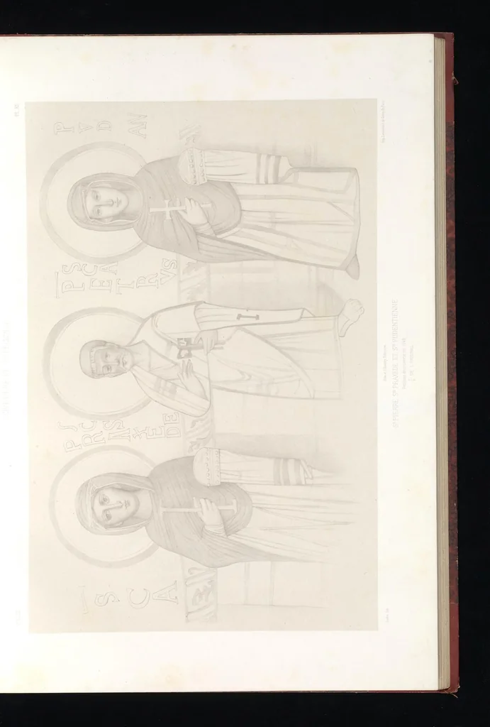 An illustration from Catacombes de Rome : architecture, peintures murales, lampes, vases, pierres précieuses gravées, instruments, objets divers, fragments de vases en verre doré, inscriptions, figures et symboles gravés sur pierre, 1851, leaf 30