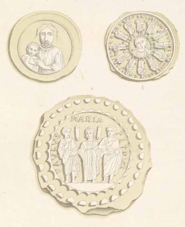 An illustration from Catacombes de Rome : architecture, peintures murales, lampes, vases, pierres précieuses gravées, instruments, objets divers, fragments de vases en verre doré, inscriptions, figures et symboles gravés sur pierre, 1851, leaf 34