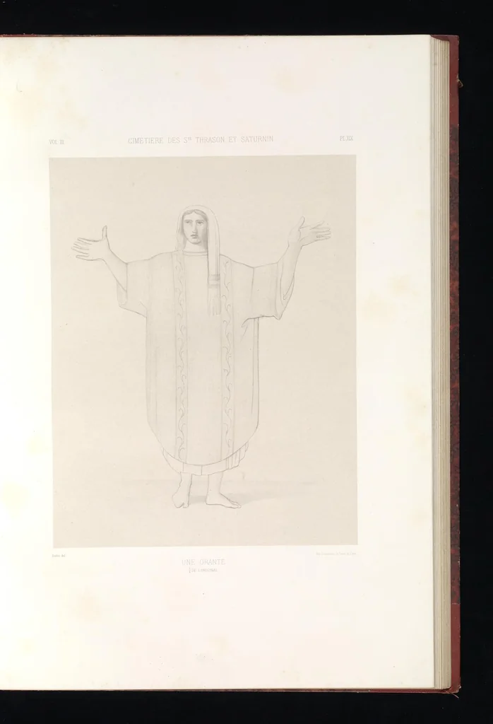 An illustration from Catacombes de Rome : architecture, peintures murales, lampes, vases, pierres précieuses gravées, instruments, objets divers, fragments de vases en verre doré, inscriptions, figures et symboles gravés sur pierre, 1851, leaf 44
