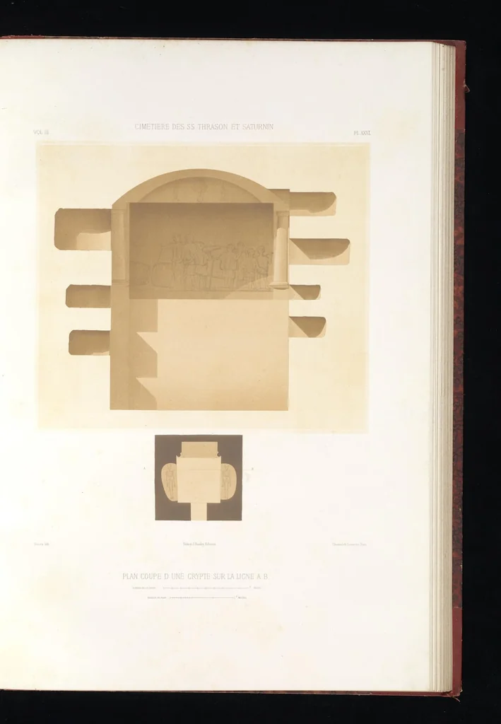 An illustration from Catacombes de Rome : architecture, peintures murales, lampes, vases, pierres précieuses gravées, instruments, objets divers, fragments de vases en verre doré, inscriptions, figures et symboles gravés sur pierre, 1851, leaf 68