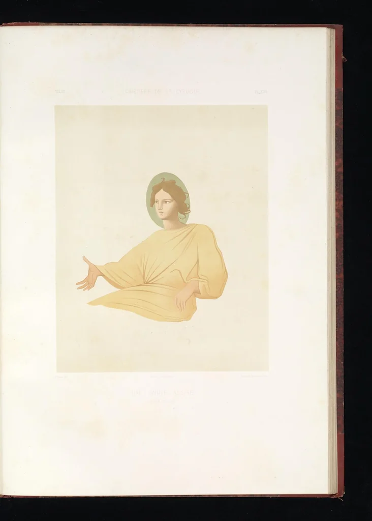 An illustration from Catacombes de Rome : architecture, peintures murales, lampes, vases, pierres précieuses gravées, instruments, objets divers, fragments de vases en verre doré, inscriptions, figures et symboles gravés sur pierre, 1851, leaf 94