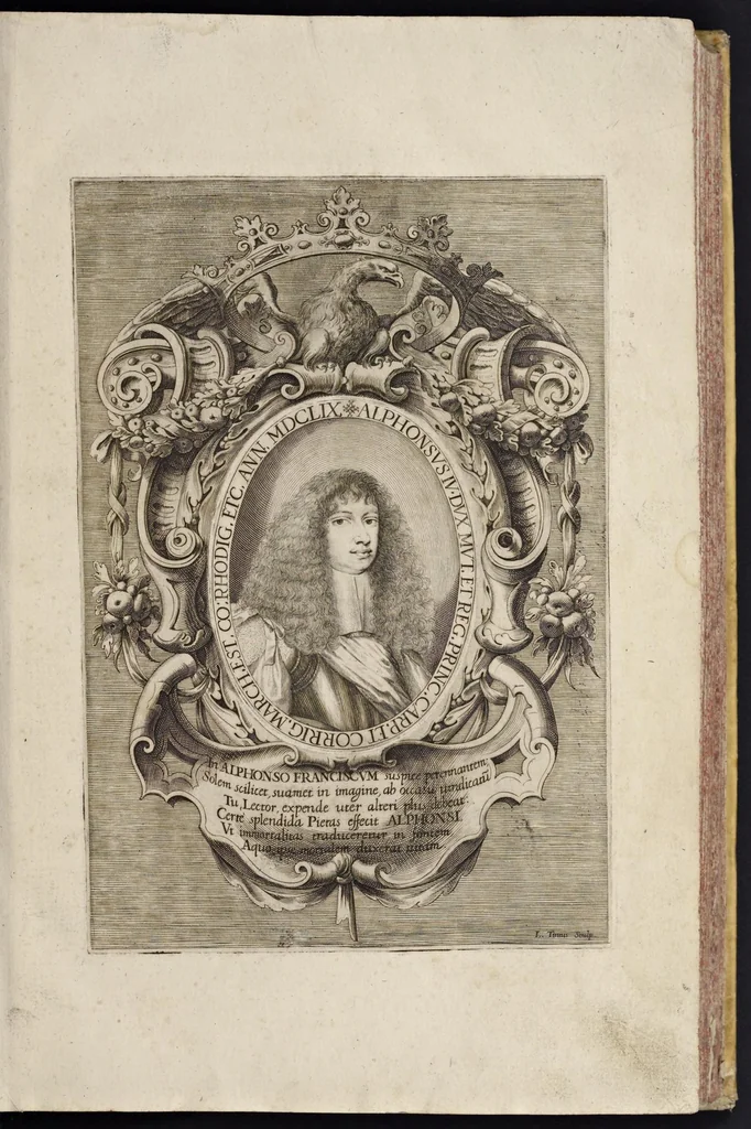 An illustration from L'idea di vn prencipe et eroe christiano in Francesco I. d'Este di Modona e Reggio dvca VIII., generalissimo dell'arme reali di Francia in Italia, &c. : effigiata co'profili delle virtv da prencipi svoi maggiori ereditate : rappresentata alla publica luce co'l funerale apparato sposto nelle solenni eseqvie dall'Altezza serenissima di Alfonso IV. svo primogenito alla gloriosa ed'immortale sva memoria l'anno M.DC.LIX. alli ii. di aprile in Modona celebrate, 1659, leaf 12