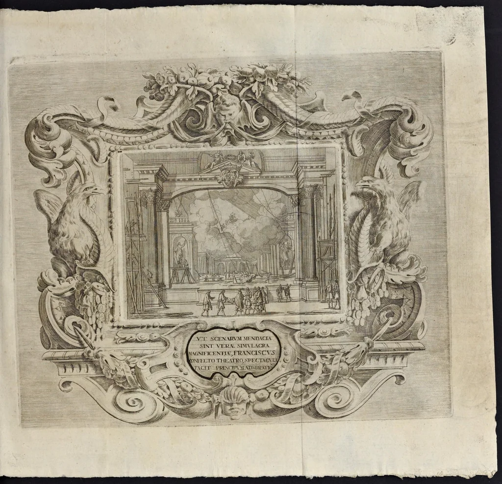 An illustration from L'idea di vn prencipe et eroe christiano in Francesco I. d'Este di Modona e Reggio dvca VIII., generalissimo dell'arme reali di Francia in Italia, &c. : effigiata co'profili delle virtv da prencipi svoi maggiori ereditate : rappresentata alla publica luce co'l funerale apparato sposto nelle solenni eseqvie dall'Altezza serenissima di Alfonso IV. svo primogenito alla gloriosa ed'immortale sva memoria l'anno M.DC.LIX. alli ii. di aprile in Modona celebrate, 1659, leaf 238