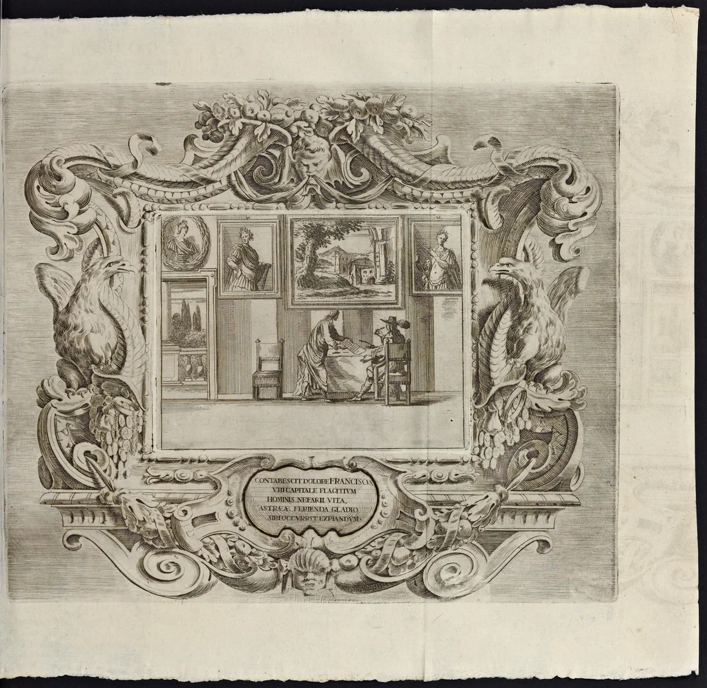 An illustration from L'idea di vn prencipe et eroe christiano in Francesco I. d'Este di Modona e Reggio dvca VIII., generalissimo dell'arme reali di Francia in Italia, &c. : effigiata co'profili delle virtv da prencipi svoi maggiori ereditate : rappresentata alla publica luce co'l funerale apparato sposto nelle solenni eseqvie dall'Altezza serenissima di Alfonso IV. svo primogenito alla gloriosa ed'immortale sva memoria l'anno M.DC.LIX. alli ii. di aprile in Modona celebrate, 1659, leaf 276