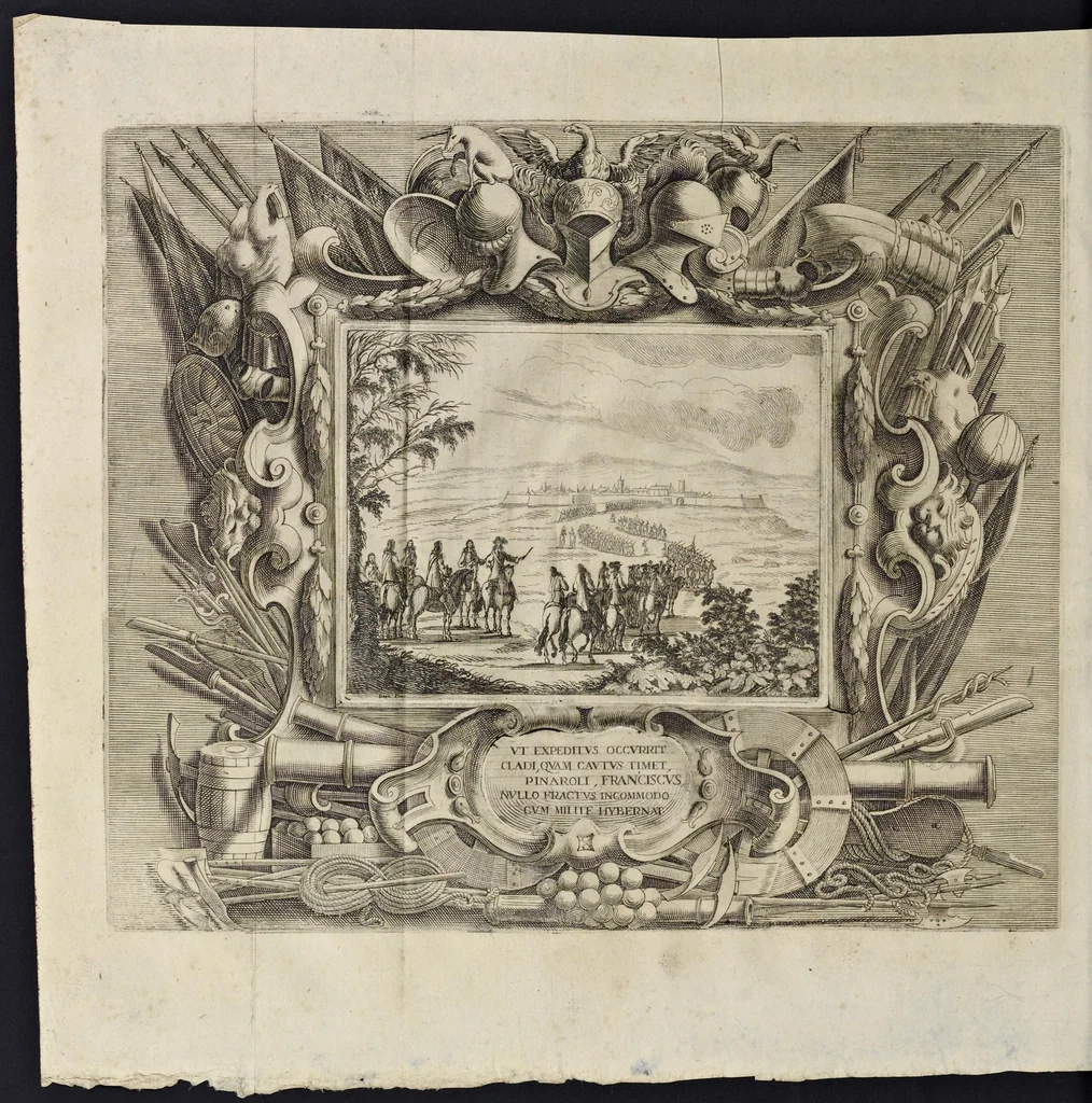 An illustration from L'idea di vn prencipe et eroe christiano in Francesco I. d'Este di Modona e Reggio dvca VIII., generalissimo dell'arme reali di Francia in Italia, &c. : effigiata co'profili delle virtv da prencipi svoi maggiori ereditate : rappresentata alla publica luce co'l funerale apparato sposto nelle solenni eseqvie dall'Altezza serenissima di Alfonso IV. svo primogenito alla gloriosa ed'immortale sva memoria l'anno M.DC.LIX. alli ii. di aprile in Modona celebrate, 1659, leaf 331
