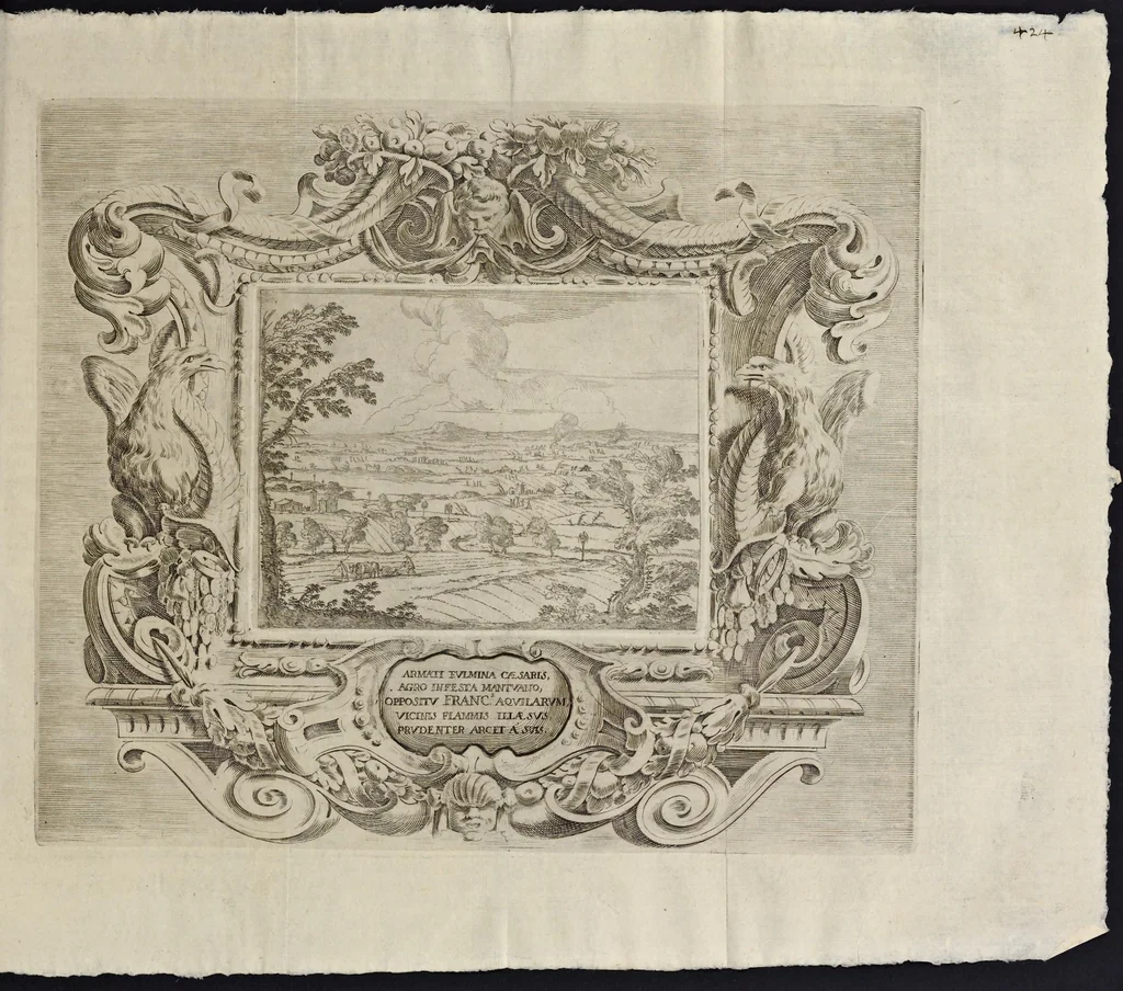 An illustration from L'idea di vn prencipe et eroe christiano in Francesco I. d'Este di Modona e Reggio dvca VIII., generalissimo dell'arme reali di Francia in Italia, &c. : effigiata co'profili delle virtv da prencipi svoi maggiori ereditate : rappresentata alla publica luce co'l funerale apparato sposto nelle solenni eseqvie dall'Altezza serenissima di Alfonso IV. svo primogenito alla gloriosa ed'immortale sva memoria l'anno M.DC.LIX. alli ii. di aprile in Modona celebrate, 1659, leaf 472