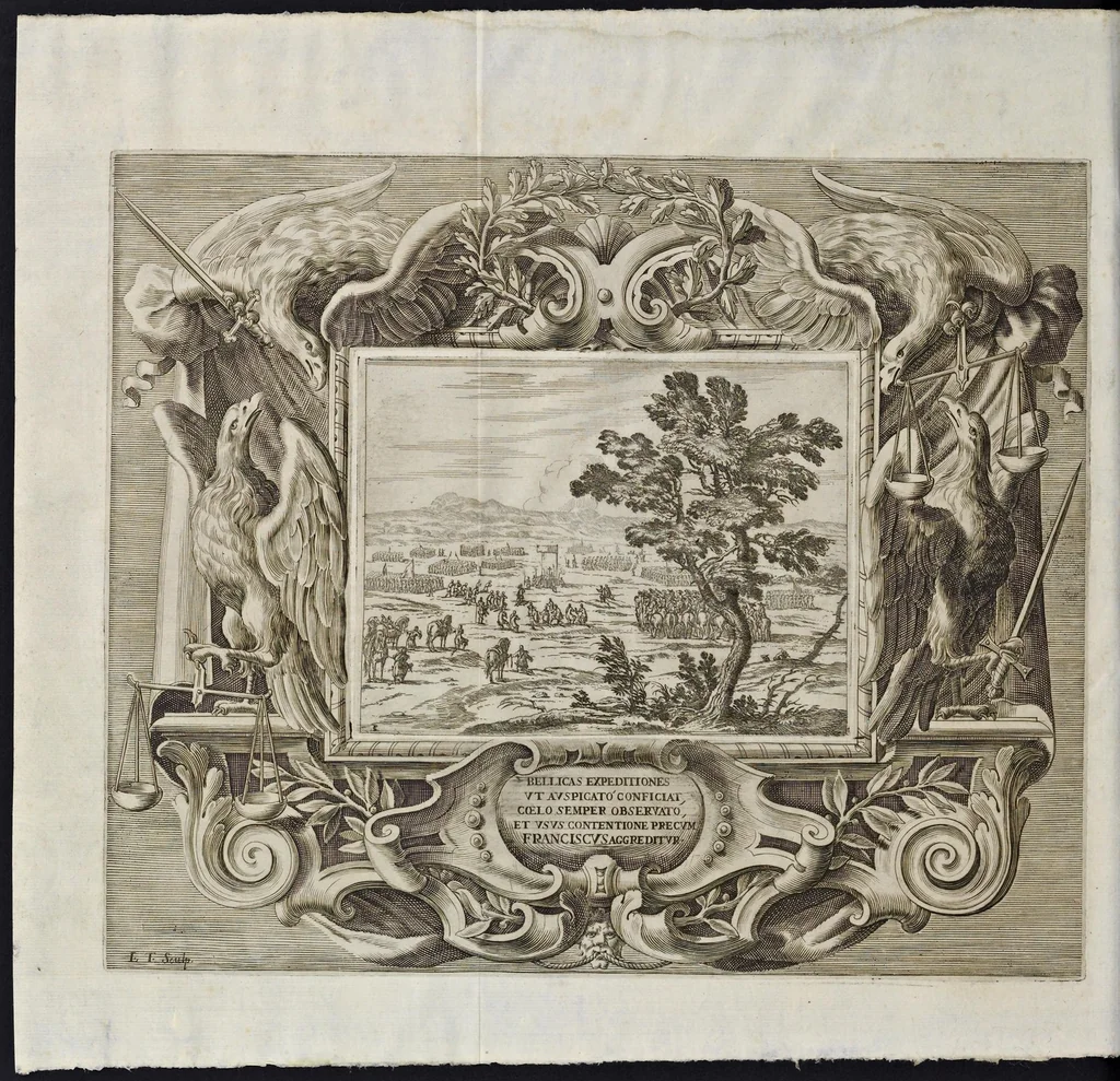 An illustration from L'idea di vn prencipe et eroe christiano in Francesco I. d'Este di Modona e Reggio dvca VIII., generalissimo dell'arme reali di Francia in Italia, &c. : effigiata co'profili delle virtv da prencipi svoi maggiori ereditate : rappresentata alla publica luce co'l funerale apparato sposto nelle solenni eseqvie dall'Altezza serenissima di Alfonso IV. svo primogenito alla gloriosa ed'immortale sva memoria l'anno M.DC.LIX. alli ii. di aprile in Modona celebrate, 1659, leaf 481