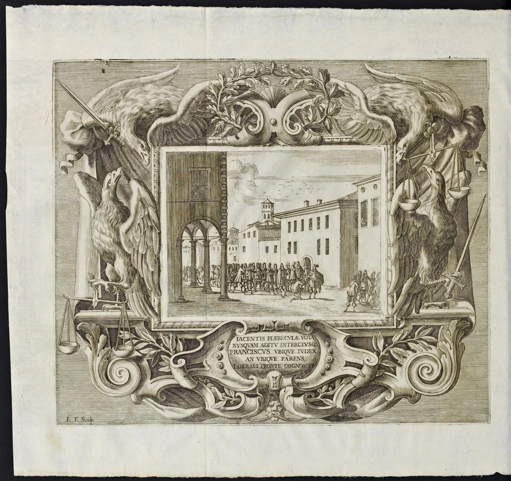 An illustration from L'idea di vn prencipe et eroe christiano in Francesco I. d'Este di Modona e Reggio dvca VIII., generalissimo dell'arme reali di Francia in Italia, &c. : effigiata co'profili delle virtv da prencipi svoi maggiori ereditate : rappresentata alla publica luce co'l funerale apparato sposto nelle solenni eseqvie dall'Altezza serenissima di Alfonso IV. svo primogenito alla gloriosa ed'immortale sva memoria l'anno M.DC.LIX. alli ii. di aprile in Modona celebrate, 1659, leaf 503