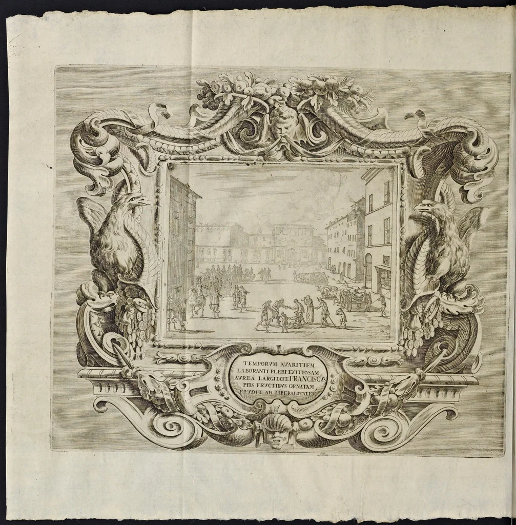 An illustration from L'idea di vn prencipe et eroe christiano in Francesco I. d'Este di Modona e Reggio dvca VIII., generalissimo dell'arme reali di Francia in Italia, &c. : effigiata co'profili delle virtv da prencipi svoi maggiori ereditate : rappresentata alla publica luce co'l funerale apparato sposto nelle solenni eseqvie dall'Altezza serenissima di Alfonso IV. svo primogenito alla gloriosa ed'immortale sva memoria l'anno M.DC.LIX. alli ii. di aprile in Modona celebrate, 1659, leaf 523