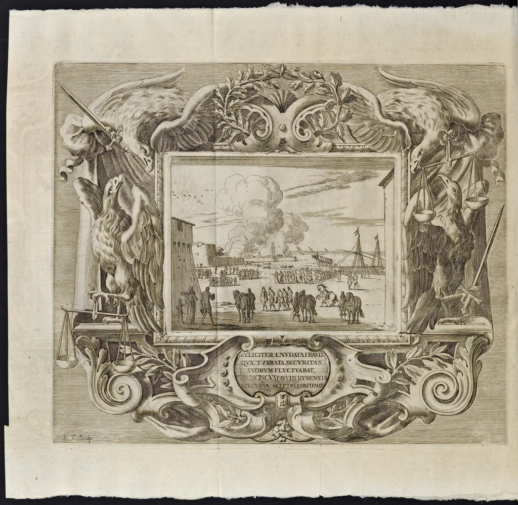 An illustration from L'idea di vn prencipe et eroe christiano in Francesco I. d'Este di Modona e Reggio dvca VIII., generalissimo dell'arme reali di Francia in Italia, &c. : effigiata co'profili delle virtv da prencipi svoi maggiori ereditate : rappresentata alla publica luce co'l funerale apparato sposto nelle solenni eseqvie dall'Altezza serenissima di Alfonso IV. svo primogenito alla gloriosa ed'immortale sva memoria l'anno M.DC.LIX. alli ii. di aprile in Modona celebrate, 1659, leaf 541