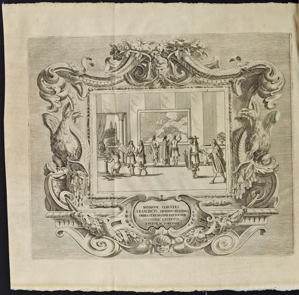 An illustration from L'idea di vn prencipe et eroe christiano in Francesco I. d'Este di Modona e Reggio dvca VIII., generalissimo dell'arme reali di Francia in Italia, &c. : effigiata co'profili delle virtv da prencipi svoi maggiori ereditate : rappresentata alla publica luce co'l funerale apparato sposto nelle solenni eseqvie dall'Altezza serenissima di Alfonso IV. svo primogenito alla gloriosa ed'immortale sva memoria l'anno M.DC.LIX. alli ii. di aprile in Modona celebrate, 1659, leaf 549