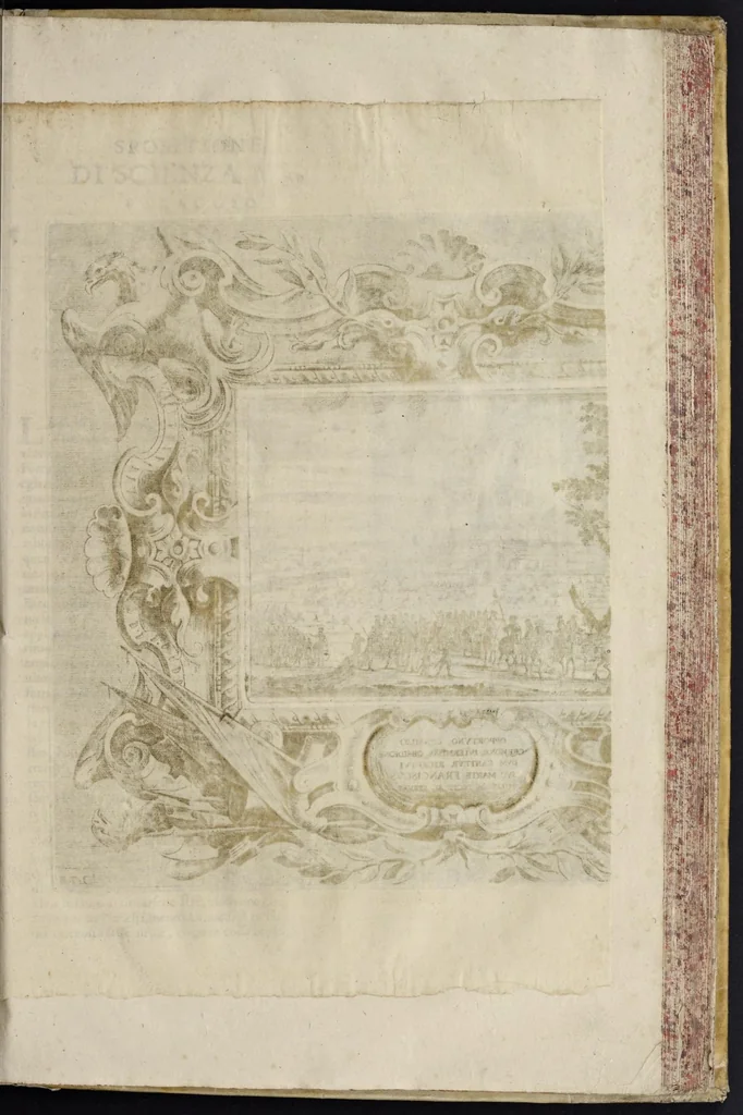 An illustration from L'idea di vn prencipe et eroe christiano in Francesco I. d'Este di Modona e Reggio dvca VIII., generalissimo dell'arme reali di Francia in Italia, &c. : effigiata co'profili delle virtv da prencipi svoi maggiori ereditate : rappresentata alla publica luce co'l funerale apparato sposto nelle solenni eseqvie dall'Altezza serenissima di Alfonso IV. svo primogenito alla gloriosa ed'immortale sva memoria l'anno M.DC.LIX. alli ii. di aprile in Modona celebrate, 1659, leaf 564