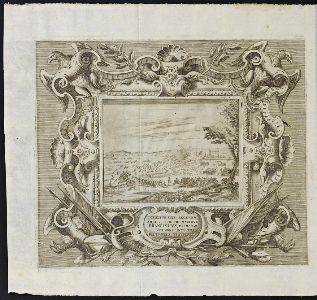 An illustration from L'idea di vn prencipe et eroe christiano in Francesco I. d'Este di Modona e Reggio dvca VIII., generalissimo dell'arme reali di Francia in Italia, &c. : effigiata co'profili delle virtv da prencipi svoi maggiori ereditate : rappresentata alla publica luce co'l funerale apparato sposto nelle solenni eseqvie dall'Altezza serenissima di Alfonso IV. svo primogenito alla gloriosa ed'immortale sva memoria l'anno M.DC.LIX. alli ii. di aprile in Modona celebrate, 1659, leaf 585